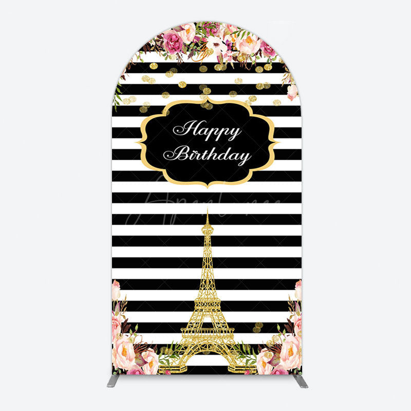 Aperturee - Aperturee Floral Black White Stripe Tower Birthday Arch Backdrop