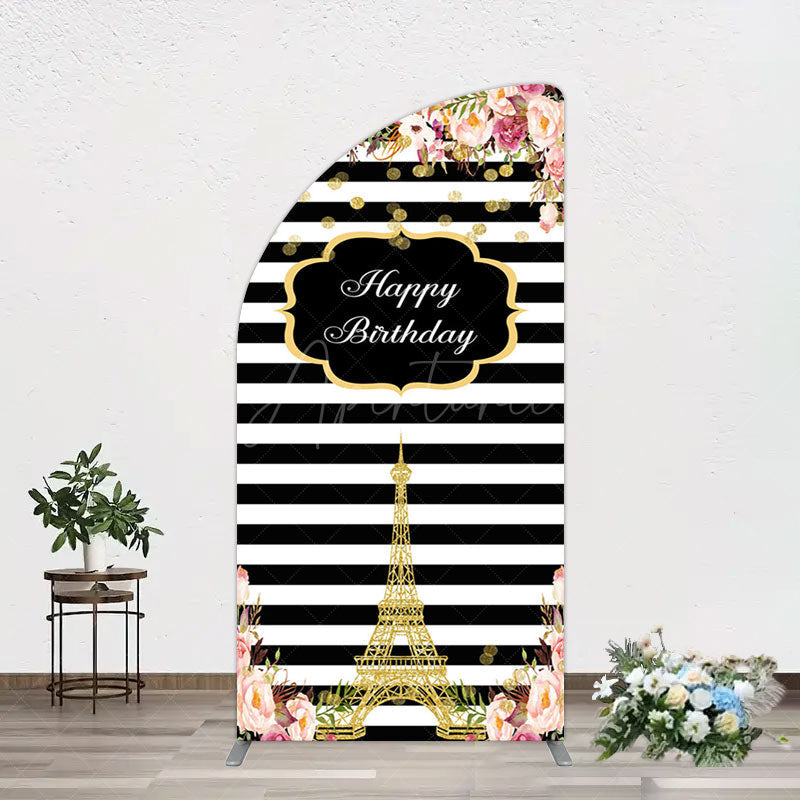 Aperturee - Aperturee Floral Black White Stripe Tower Birthday Half Moon Arch Backdrop