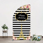 Aperturee - Aperturee Floral Black White Stripe Tower Birthday Half Moon Arch Backdrop