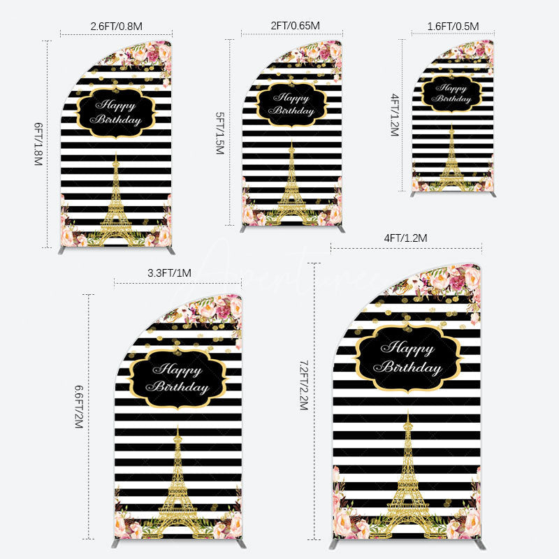 Aperturee - Aperturee Floral Black White Stripe Tower Birthday Half Moon Arch Backdrop