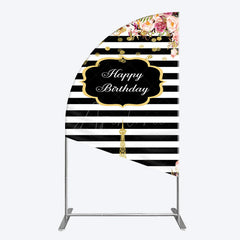 Aperturee - Aperturee Floral Black White Stripe Tower Birthday Half Moon Arch Backdrop