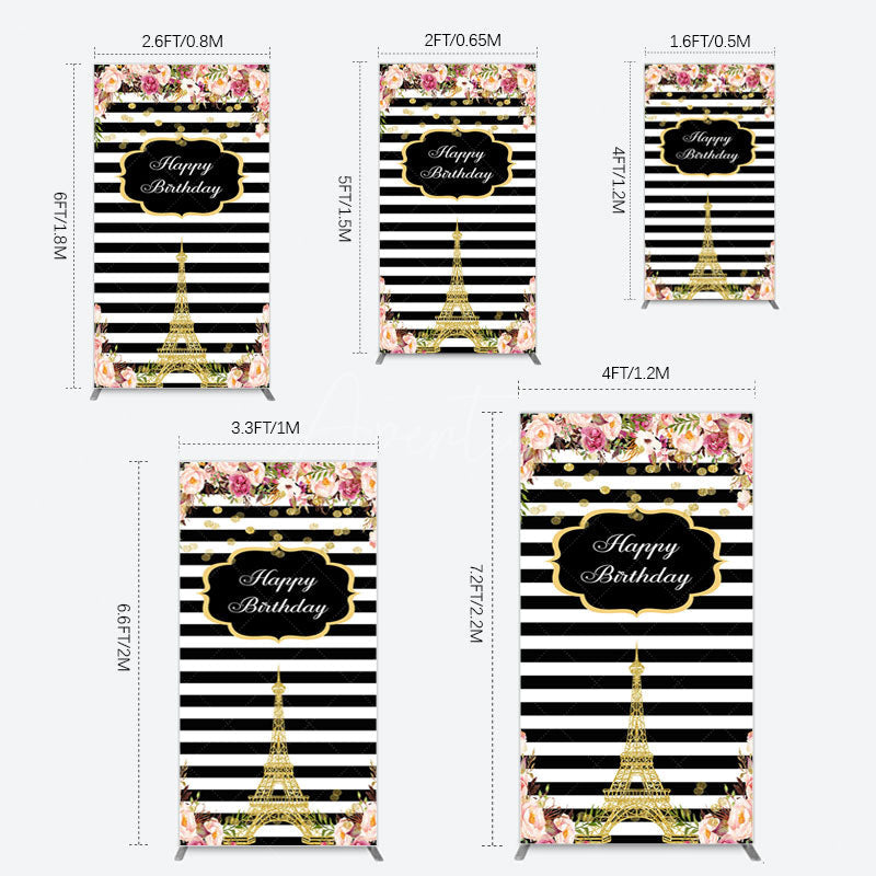 Aperturee - Aperturee Floral Black White Stripe Tower Birthday Rectangle Backdrop