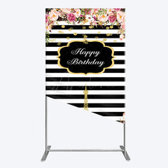Aperturee - Aperturee Floral Black White Stripe Tower Birthday Rectangle Backdrop