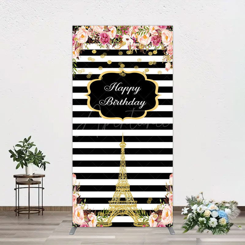 Aperturee - Aperturee Floral Black White Stripe Tower Birthday Rectangle Backdrop