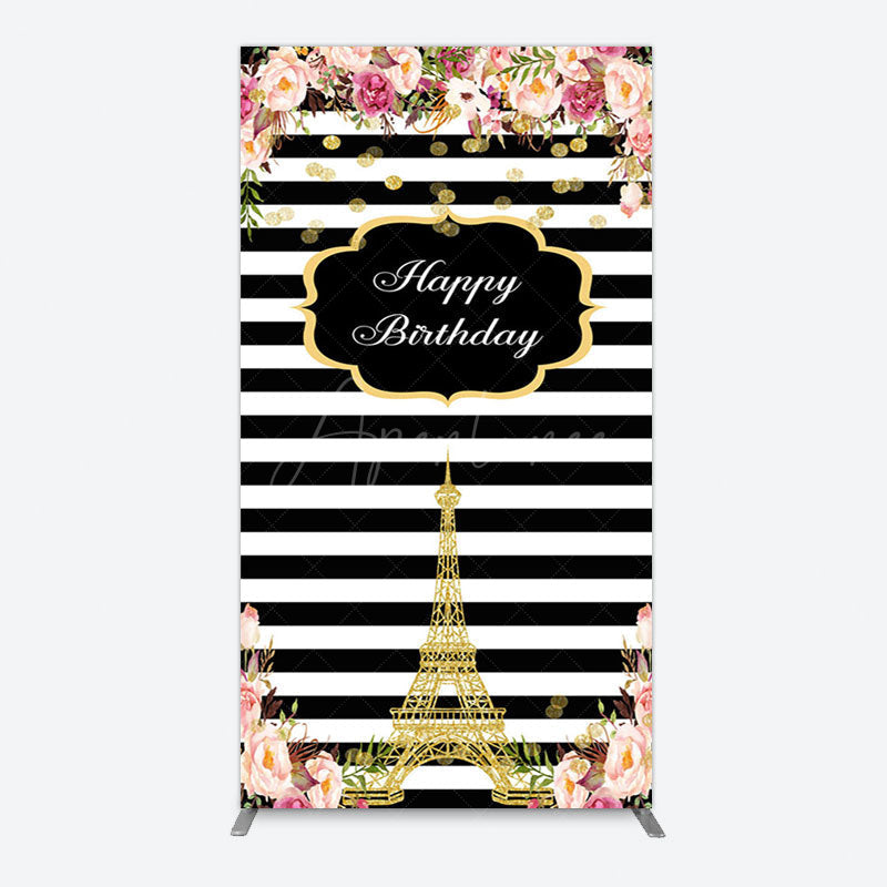 Aperturee - Aperturee Floral Black White Stripe Tower Birthday Rectangle Backdrop
