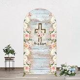 Aperturee - Aperturee Floral Blue Wooden He Is Risen Easter Arch Backdrop