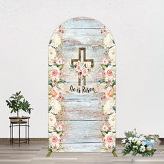 Aperturee - Aperturee Floral Blue Wooden He Is Risen Easter Arch Backdrop