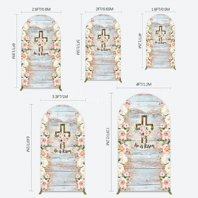 Aperturee - Aperturee Floral Blue Wooden He Is Risen Easter Arch Backdrop