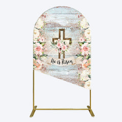 Aperturee - Aperturee Floral Blue Wooden He Is Risen Easter Arch Backdrop