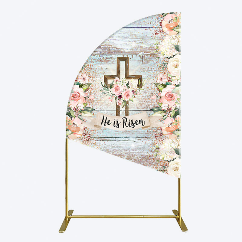 Aperturee - Aperturee Floral Blue Wooden He Is Risen Easter Half Moon Arch Backdrop