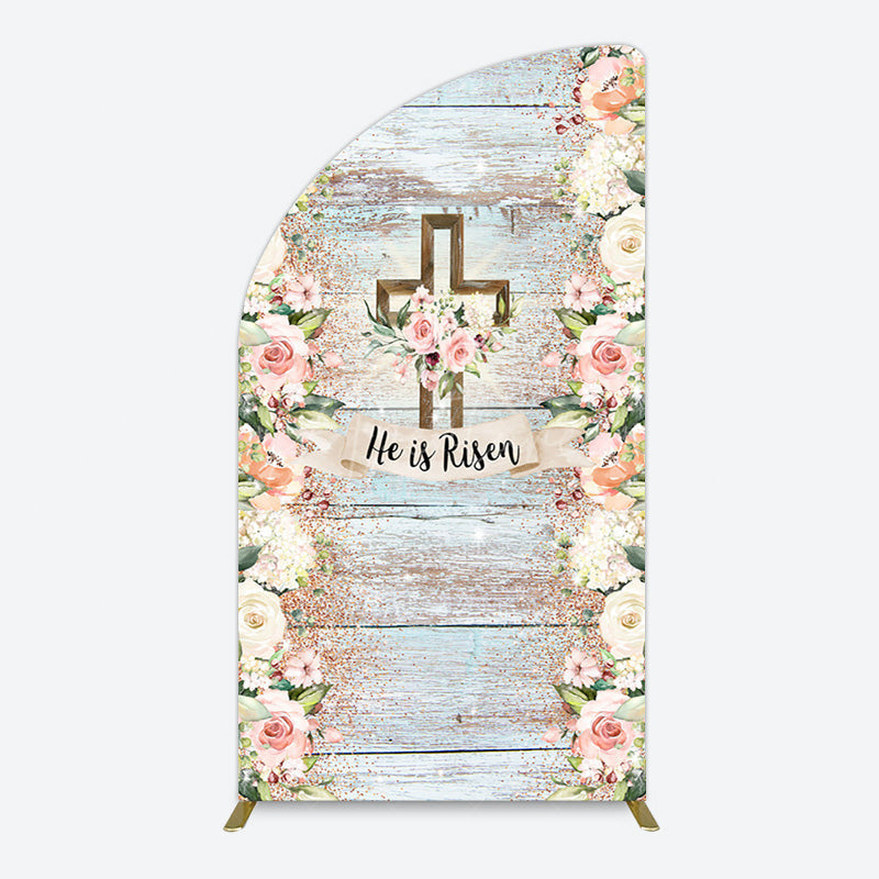 Aperturee - Aperturee Floral Blue Wooden He Is Risen Easter Half Moon Arch Backdrop
