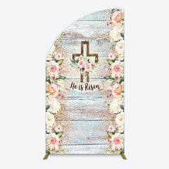 Aperturee - Aperturee Floral Blue Wooden He Is Risen Easter Half Moon Arch Backdrop