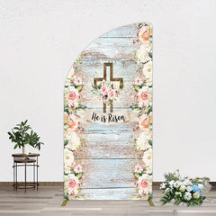 Aperturee - Aperturee Floral Blue Wooden He Is Risen Easter Half Moon Arch Backdrop