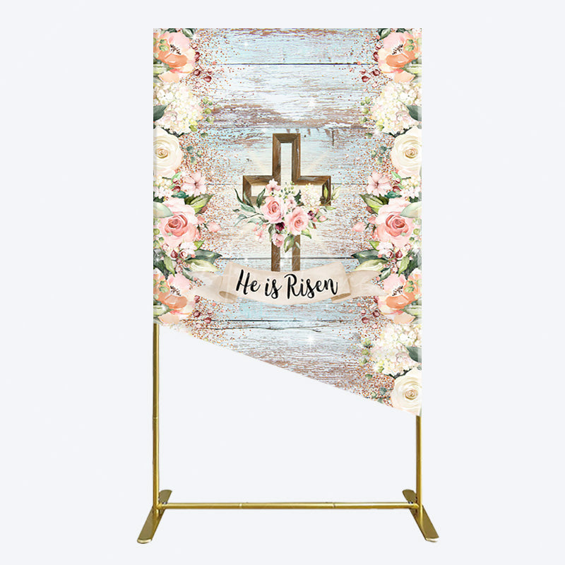 Aperturee - Aperturee Floral Blue Wooden He Is Risen Easter Rectangle Backdrop