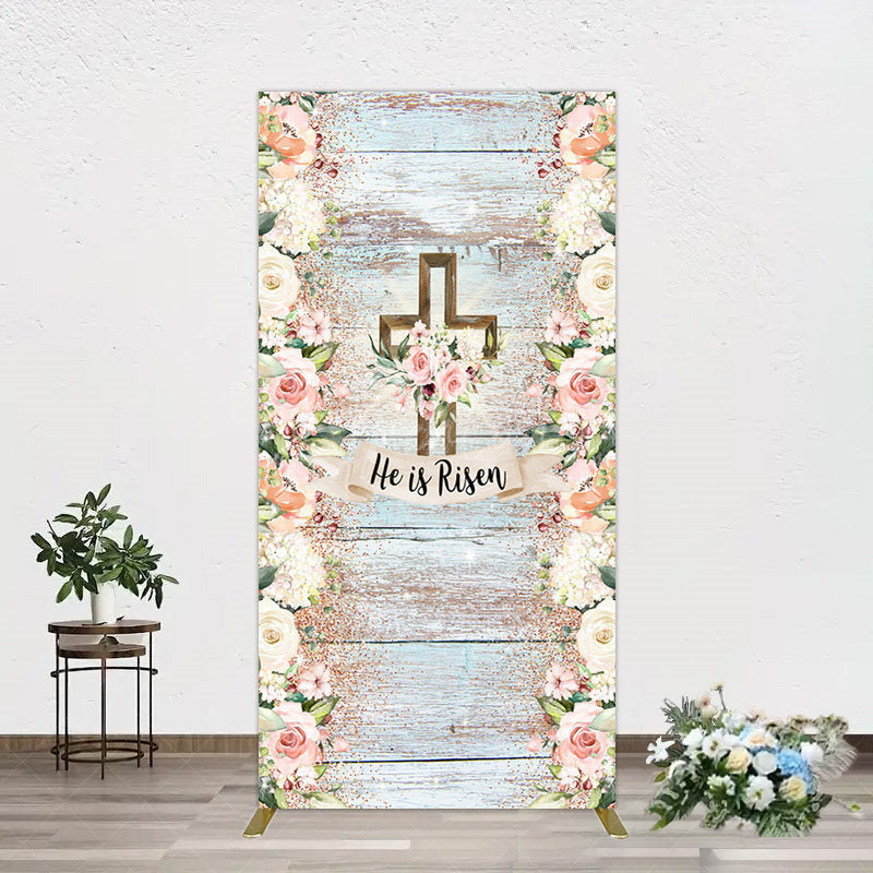 Aperturee - Aperturee Floral Blue Wooden He Is Risen Easter Rectangle Backdrop