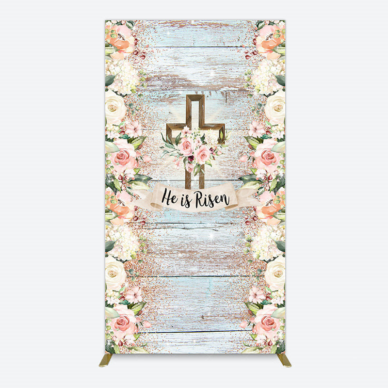 Aperturee - Aperturee Floral Blue Wooden He Is Risen Easter Rectangle Backdrop