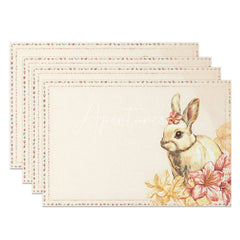 Aperturee - Aperturee Floral Border Easter Bunny Set of 4 Placemats Cute Rabbit Pink Flower Table Mats for Spring