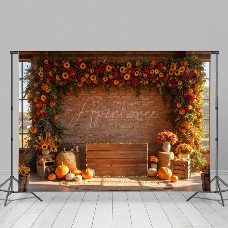 Aperturee - Aperturee Floral Bricks Room Pumpkins Autumn Vibe Photo Backdrop
