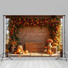 Aperturee - Aperturee Floral Bricks Room Pumpkins Autumn Vibe Photo Backdrop