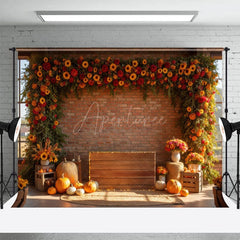 Aperturee - Aperturee Floral Bricks Room Pumpkins Autumn Vibe Photo Backdrop