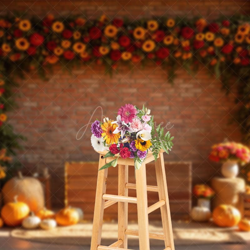 Aperturee - Aperturee Floral Bricks Room Pumpkins Autumn Vibe Photo Backdrop