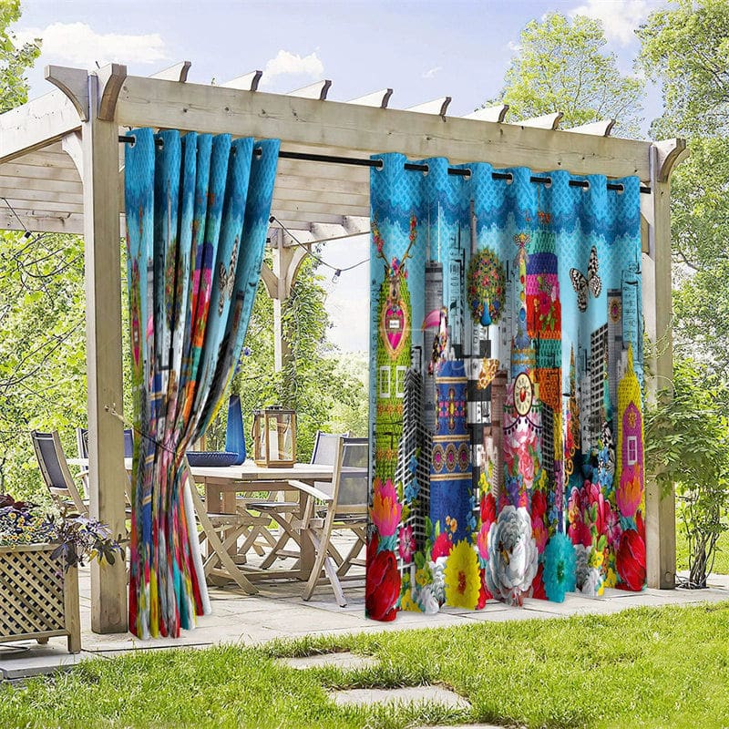 Aperturee - Aperturee Floral Building Waterproof Printed Outdoor Curtains