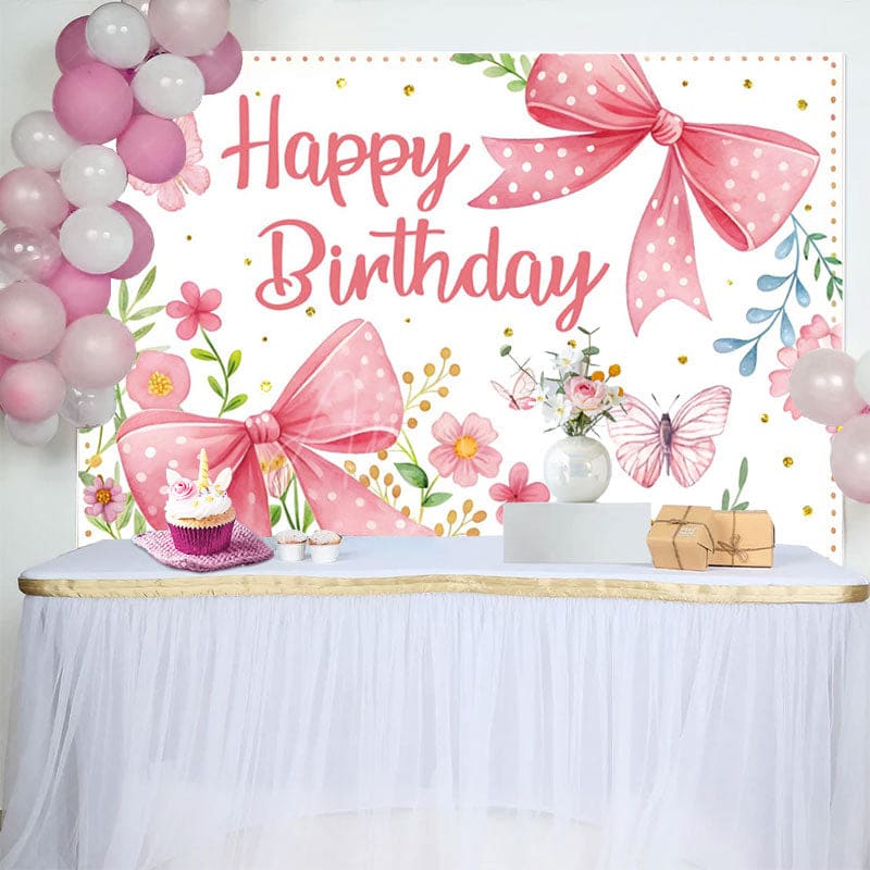 Aperturee - Aperturee Floral Butterfly Bows Spring Happy Birthday Backdrop