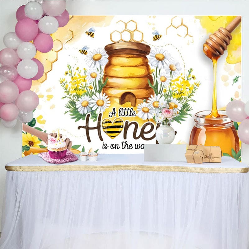 Aperturee - Aperturee Floral Cartoon Honey On The Way Baby Shower Backdrop