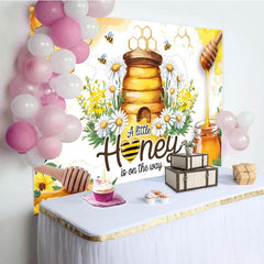 Aperturee - Aperturee Floral Cartoon Honey On The Way Baby Shower Backdrop