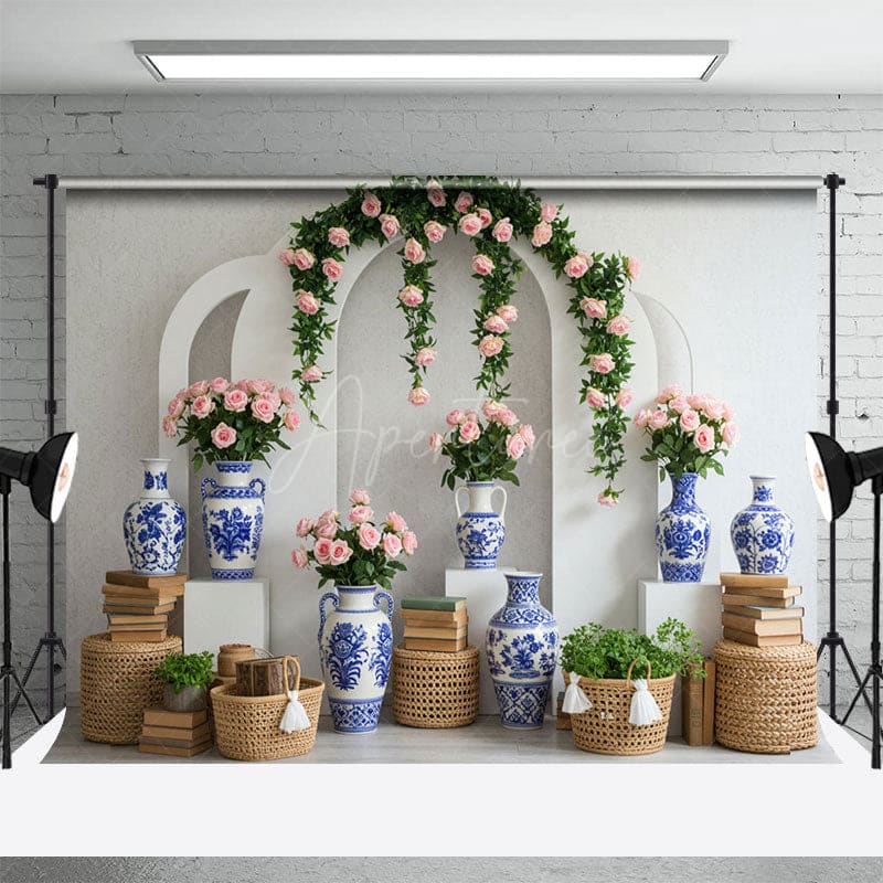 Aperturee - Aperturee Floral Chinese Blue And White Sweet Wedding Backdrop