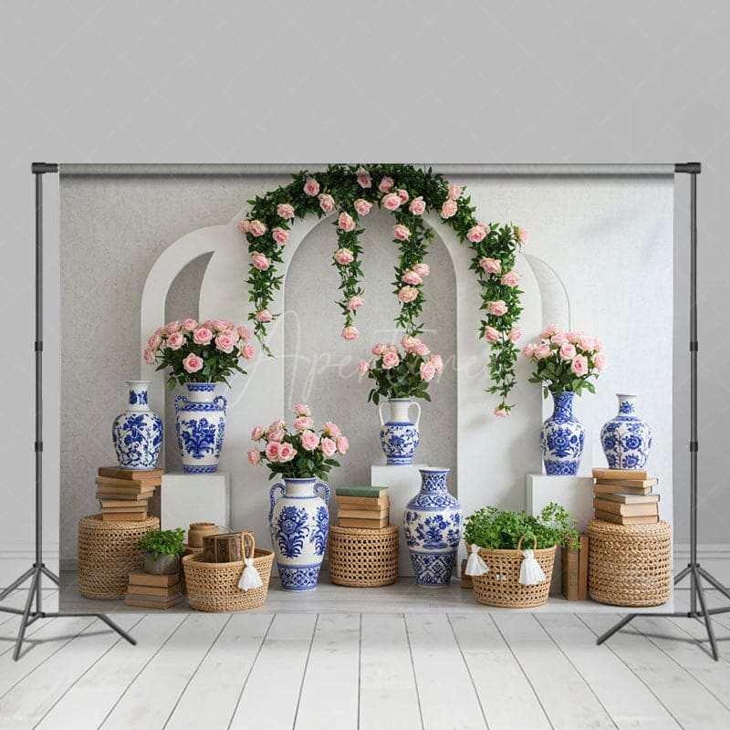 Aperturee - Aperturee Floral Chinese Blue And White Sweet Wedding Backdrop