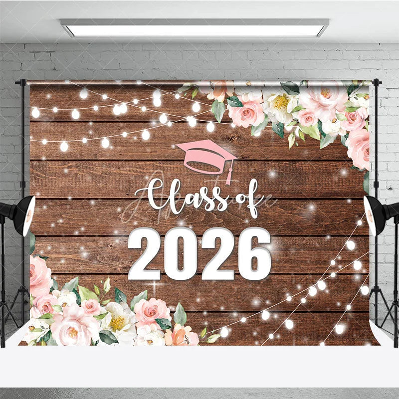 Aperturee - Aperturee Floral Class Of 2026 Light Wood Graduation Backdrop