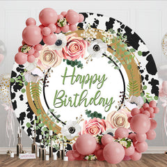 Aperturee - Aperturee Floral Cow Pattern Circle Happy Birthday Backdrop