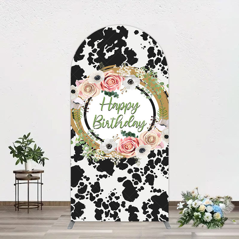 Aperturee - Aperturee Floral Cow Pattern Sweet Happy Birthday Arch Backdrop
