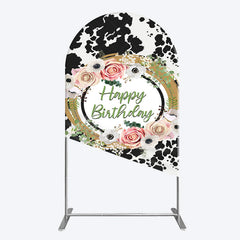 Aperturee - Aperturee Floral Cow Pattern Sweet Happy Birthday Arch Backdrop