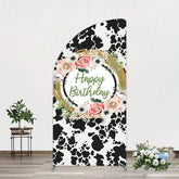 Aperturee - Aperturee Floral Cow Pattern Sweet Happy Birthday Half Moon Arch Backdrop