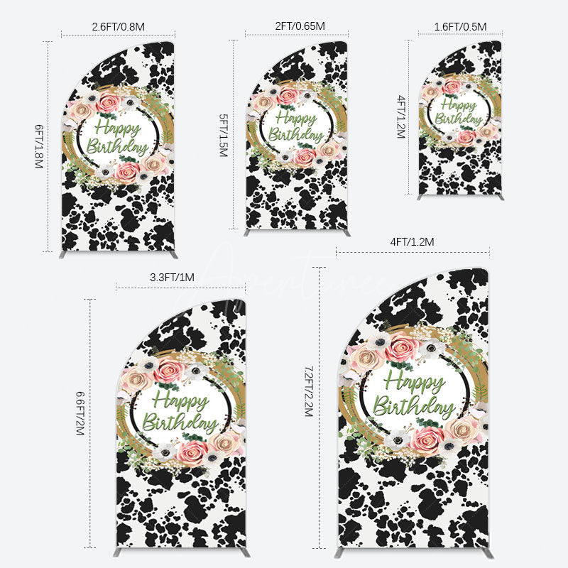 Aperturee - Aperturee Floral Cow Pattern Sweet Happy Birthday Half Moon Arch Backdrop