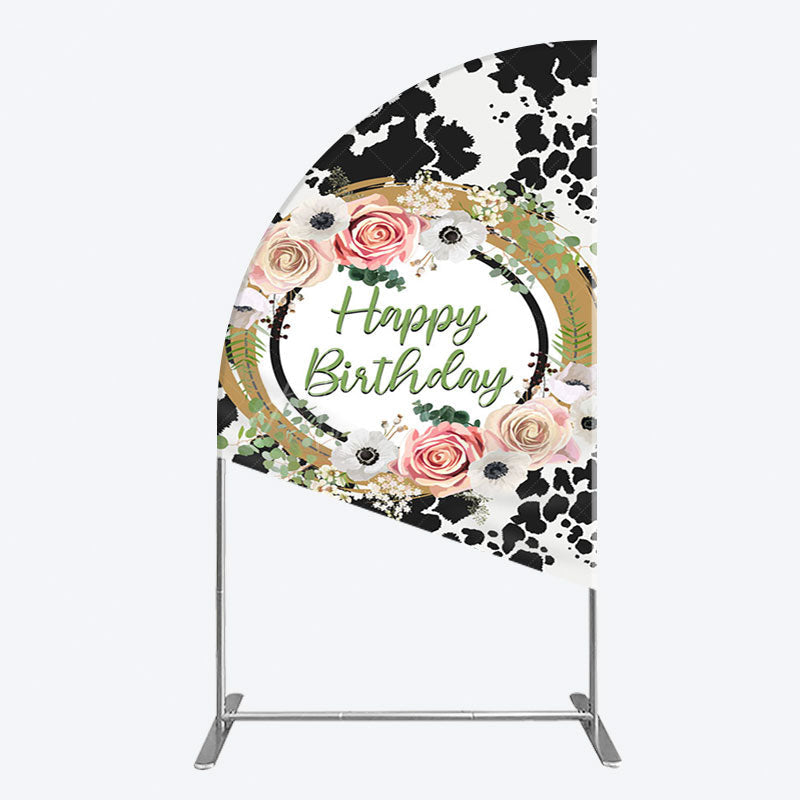Aperturee - Aperturee Floral Cow Pattern Sweet Happy Birthday Half Moon Arch Backdrop