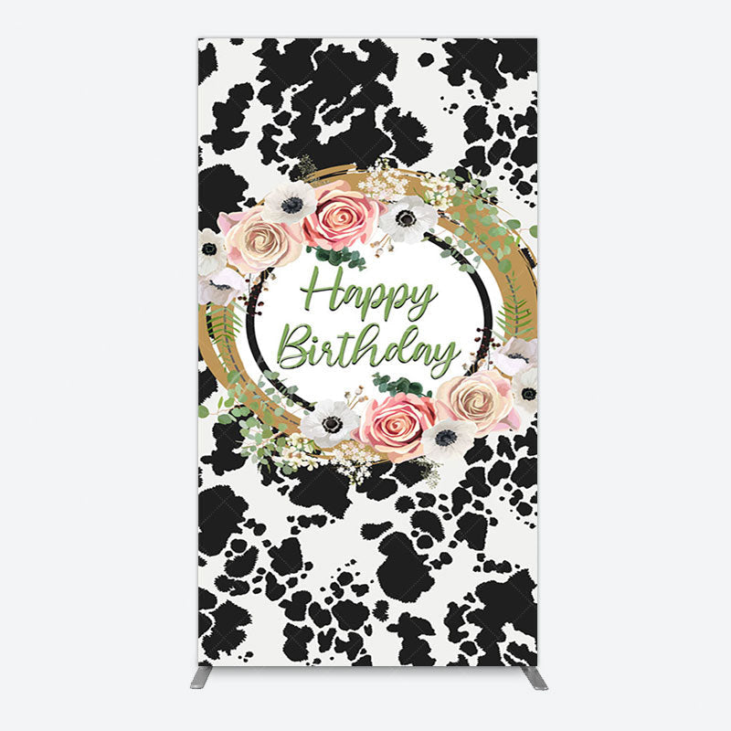 Aperturee - Aperturee Floral Cow Pattern Sweet Happy Birthday Rectangle Backdrop