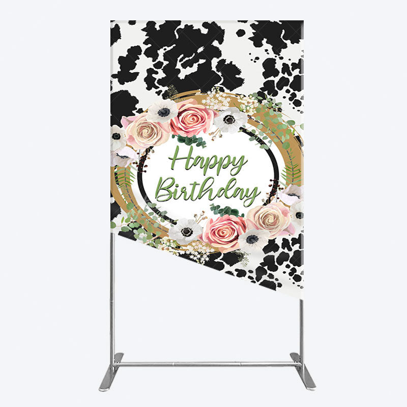 Aperturee - Aperturee Floral Cow Pattern Sweet Happy Birthday Rectangle Backdrop