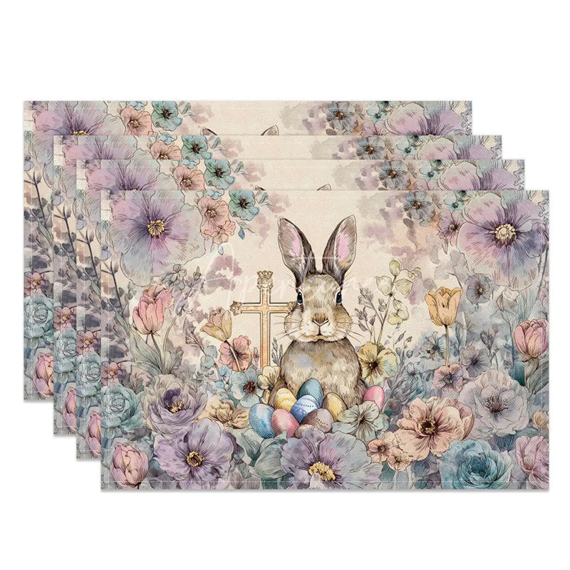 Aperturee - Aperturee Floral Cross Easter Bunny Set of 4 Placemats Colorful Egg Rabbit Religious Table Mats for Spring