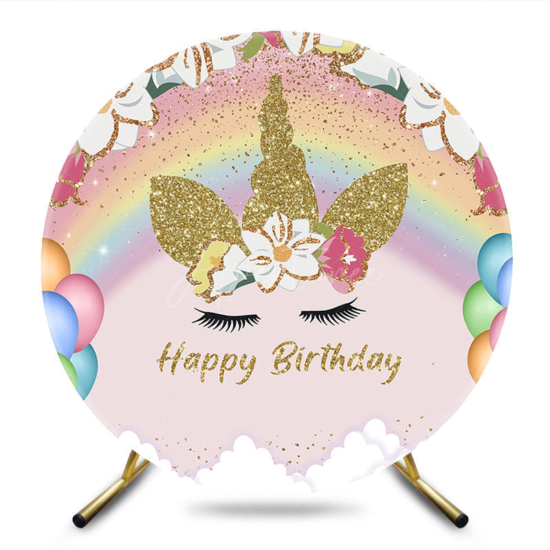 Aperturee - Aperturee Floral Cute Balloon Unicorn Round Birthday Backdrop