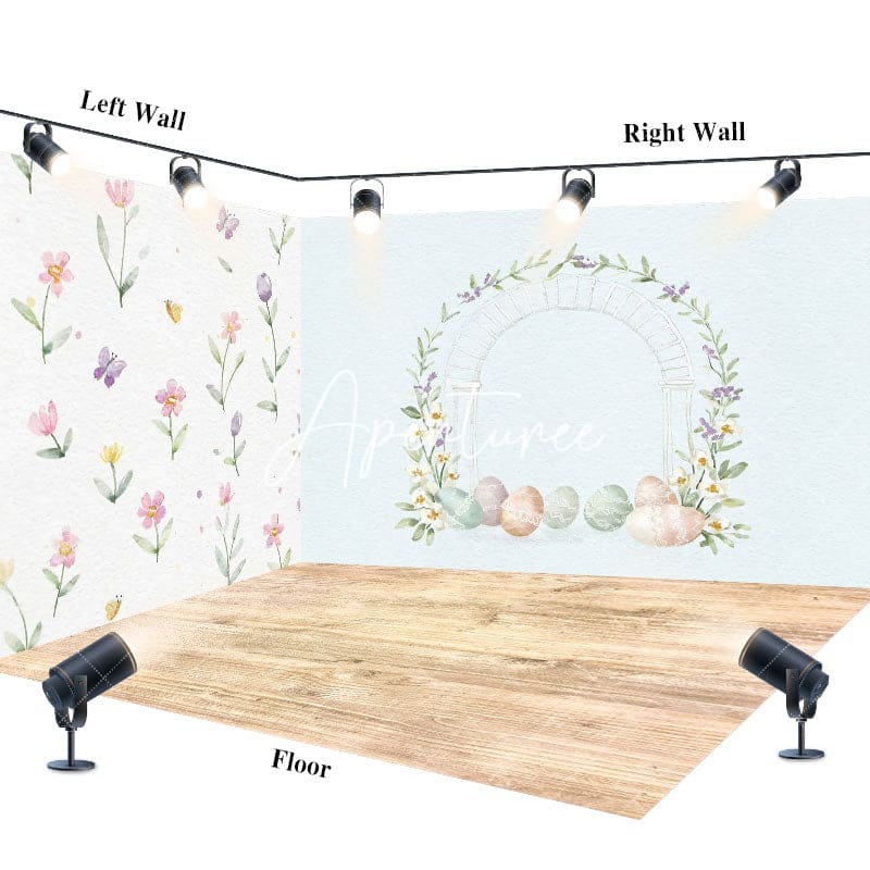 Aperturee - Aperturee Floral Eggs Wooden Floor Easter Room Set Backdrop