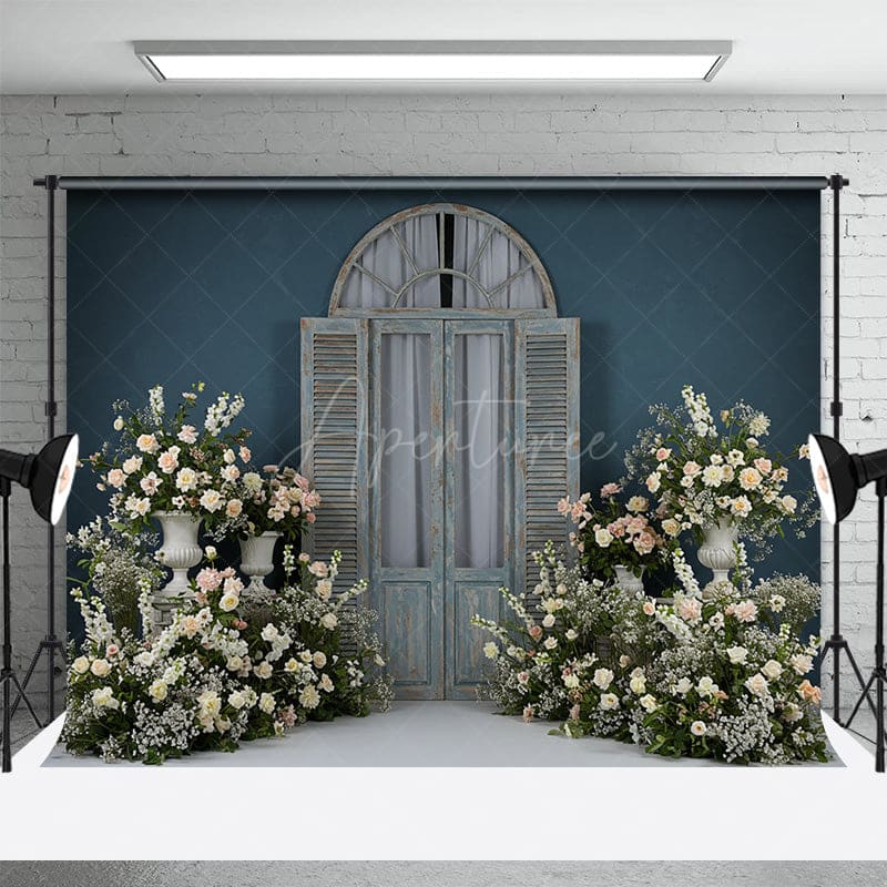 Aperturee - Aperturee Floral Elegant Wooden Door Curtain Wedding Backdrop