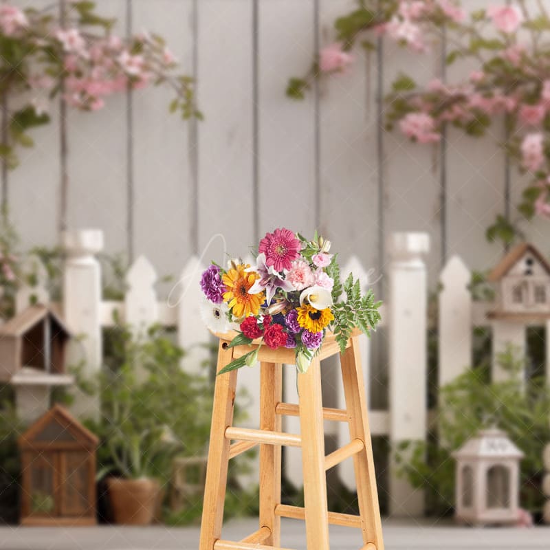 Aperturee - Aperturee Floral Fence Wall In Spring White Photo Backdrop