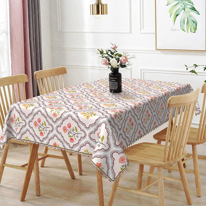 Aperturee - Aperturee Floral Frame Rectangle Tablecloth Elegant Bouquet Pattern Dining Room Table Decor