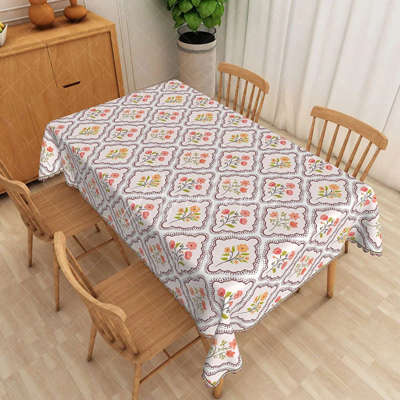 Aperturee - Aperturee Floral Frame Rectangle Tablecloth Elegant Bouquet Pattern Dining Room Table Decor