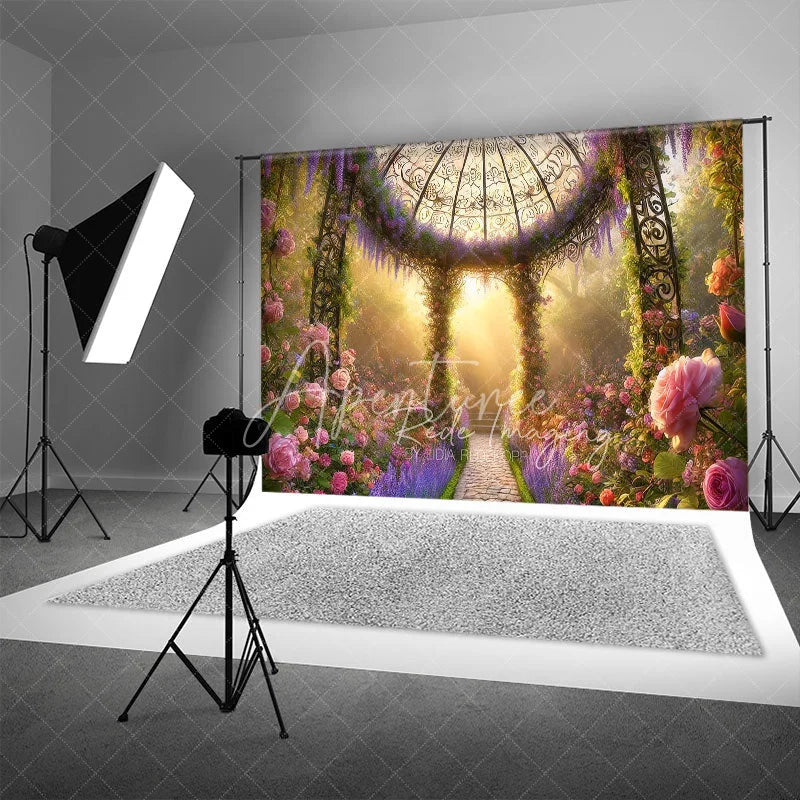 Aperturee - Aperturee Floral Garden Gazebo Backdrop Pink Roses and Purple Flowers Sunlight Photography Background Spring Portrait Props