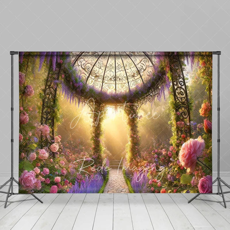 Aperturee - Aperturee Floral Garden Gazebo Backdrop Pink Roses and Purple Flowers Sunlight Photography Background Spring Portrait Props