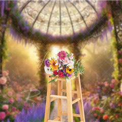 Aperturee - Aperturee Floral Garden Gazebo Backdrop Pink Roses and Purple Flowers Sunlight Photography Background Spring Portrait Props